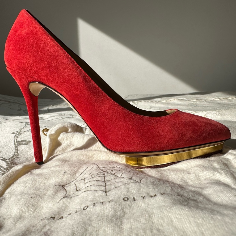 Charlotte Olympia Red Suede Debbie Heart Platform Heels Size 8